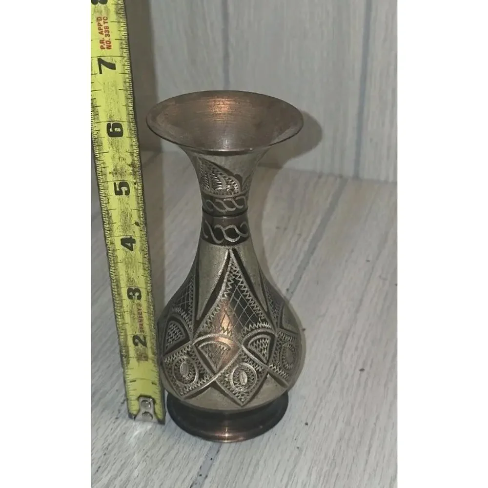 Vintage Copper Vase Hand Etched Engraved 6
